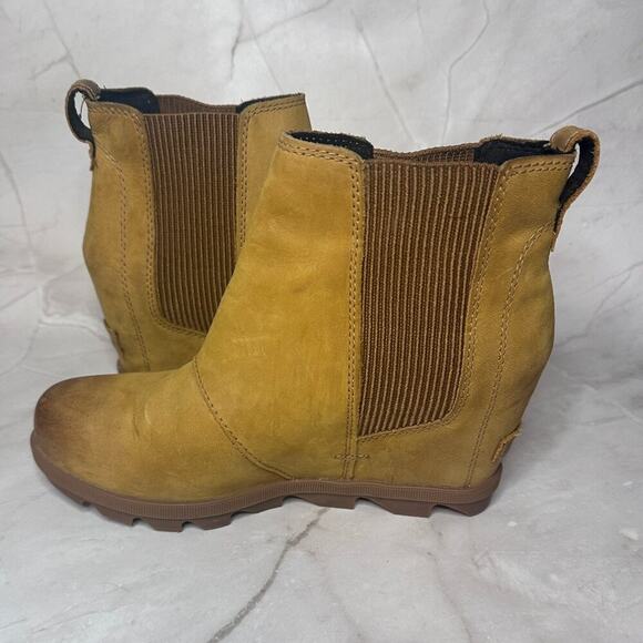Women’s SOREL Joan of Arctic Chelsea Wedge Boots Size 8 Waterproof Leather Tan - Picture 3 of 5